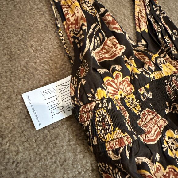 Patrons of Peace Maxi Dress M Brown Floral Boho Tie-Strap Plunge V-Neck Backless - Picture 8 of 14